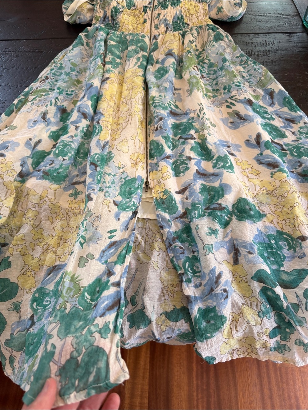 Gigio USA Floral Midi Dress Smocked Waist Zip Front Blue Green Medium - Picture 10 of 14